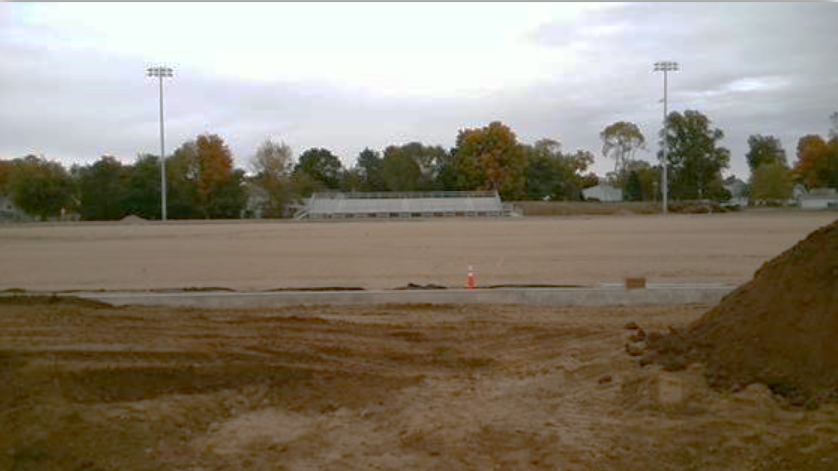 The construction of the stormwater drainage system and running track perimeter trench drain is finished.