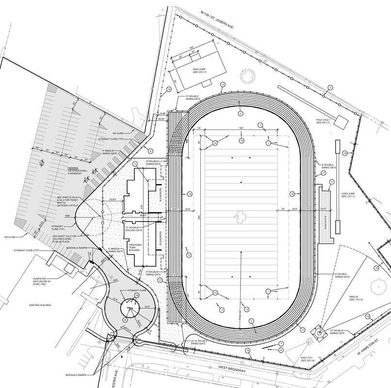 The architect's drawing is showing the parking areas and traffic flow plans for the new Sylvester Stadium project.