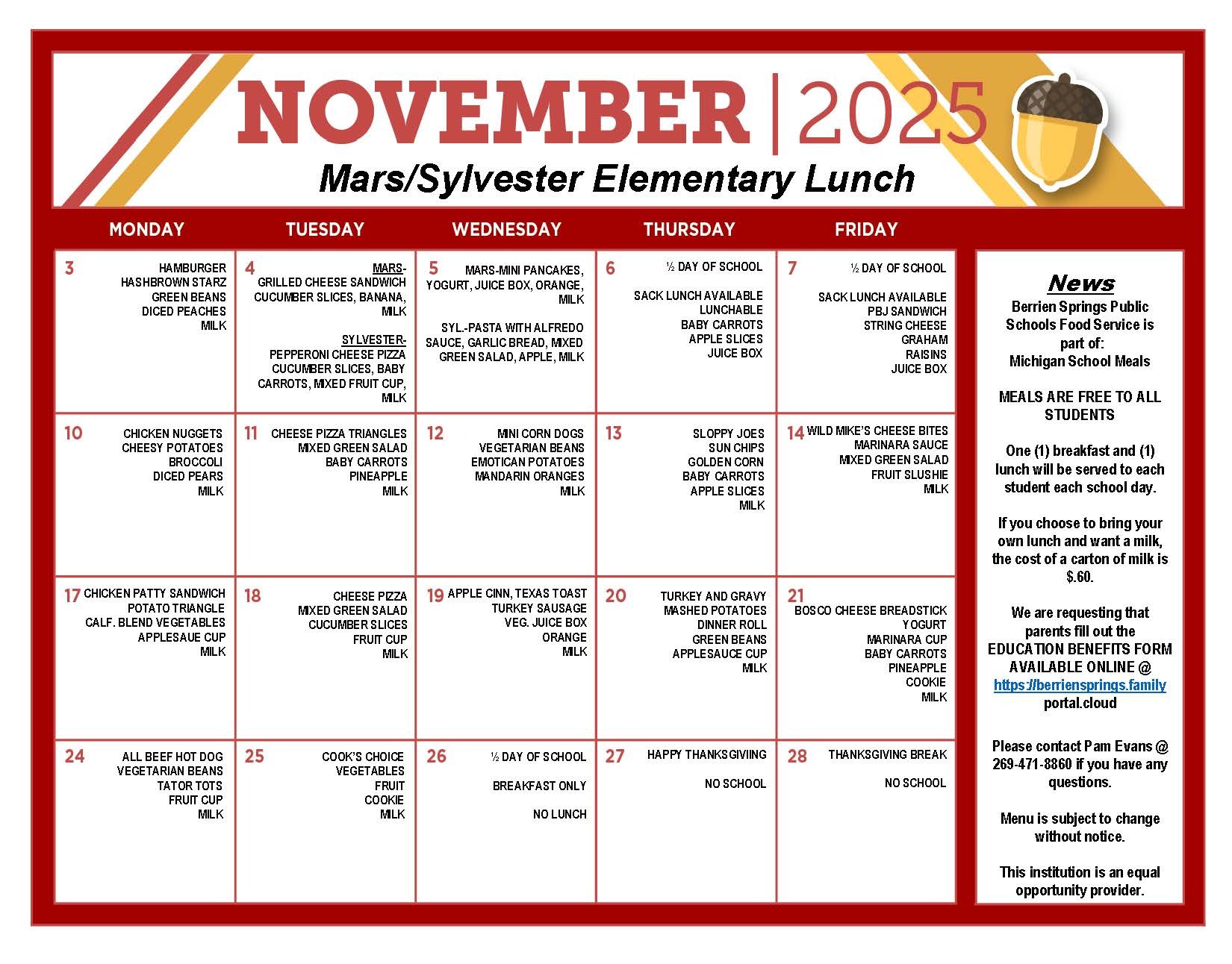 November 2025 Elementary Food Service Menu