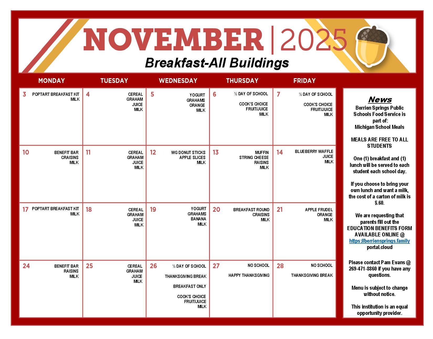 November 2025 Breakfast Food Service Menu