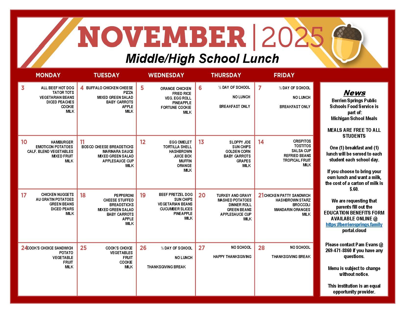 November Food Service Menu for High and Middle School