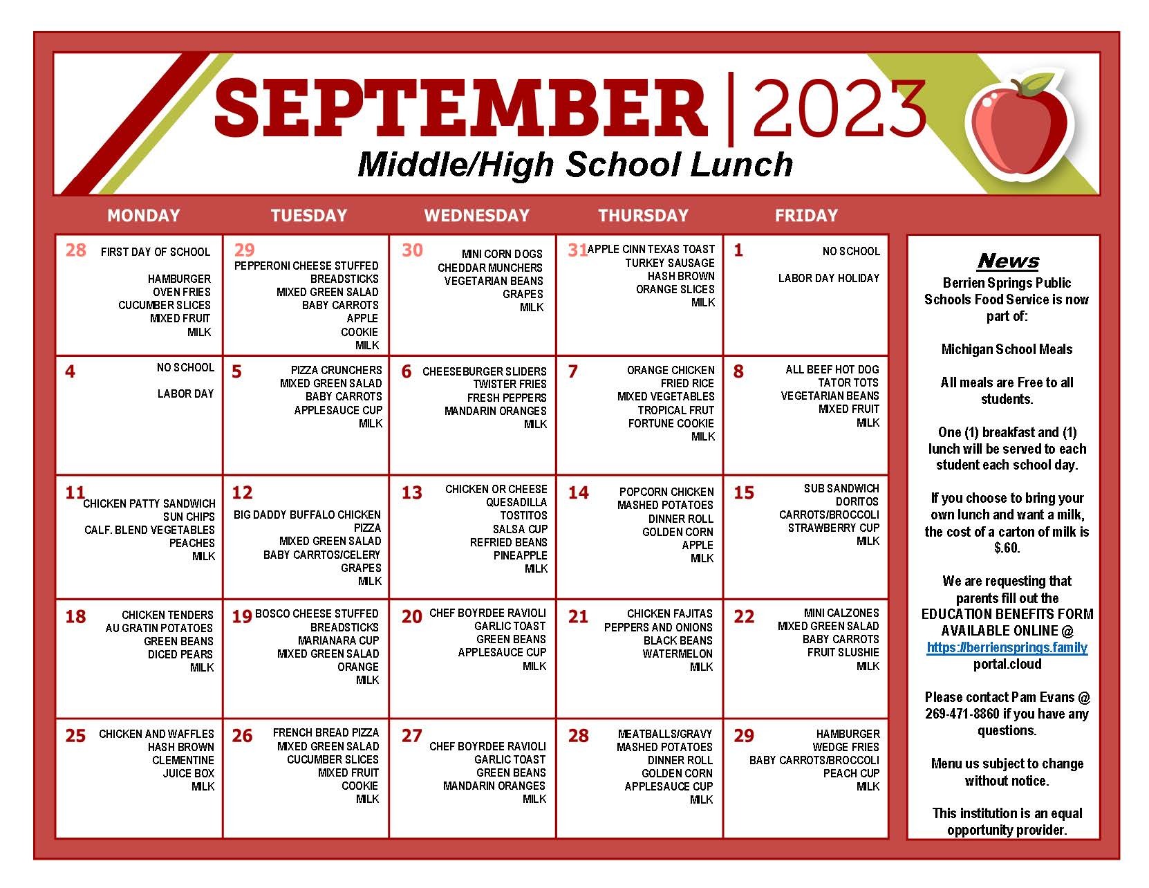 September 2023 HS & MS Lunch Menu
