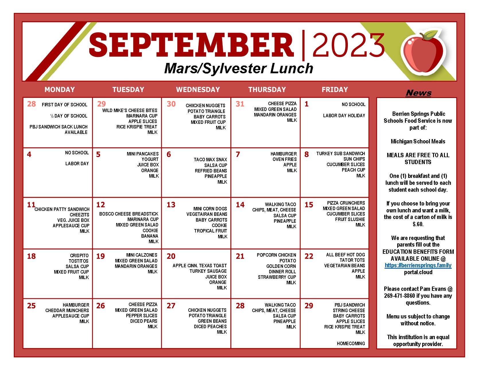 September 2023 Elementary Lunch Menu
