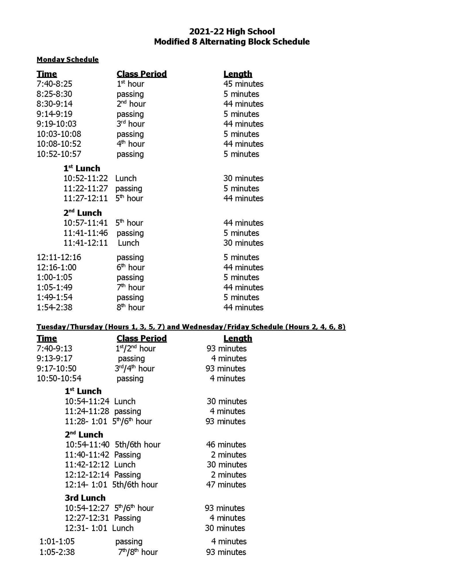 High School Bell Schedule